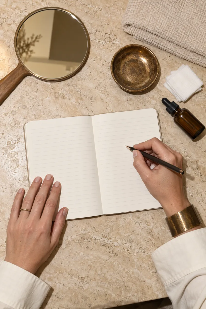 Overhead view of hands writing in a blank notebook on a stone table, beside a hand mirror, gauze and a dropper bottle.