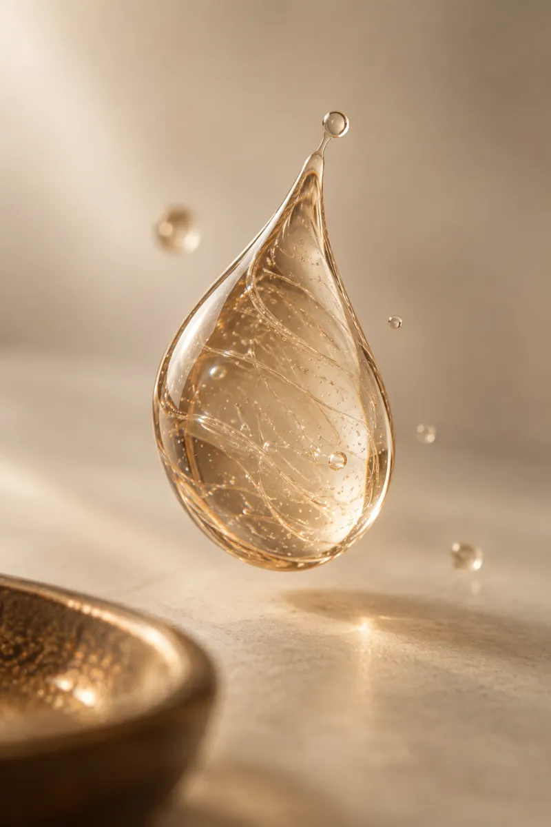 Editorial macro of a translucent gel droplet beside a bronze dish.