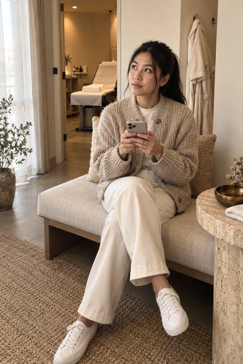 A young woman typing a question on her phone in a waiting area.