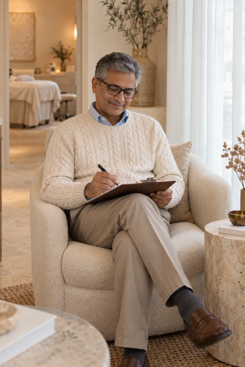 A man in an armchair holding a clipboard with a blank checklist.