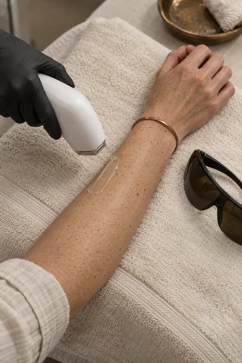 Editorial close-up of a white handpiece held over a forearm, with safety goggles beside it.