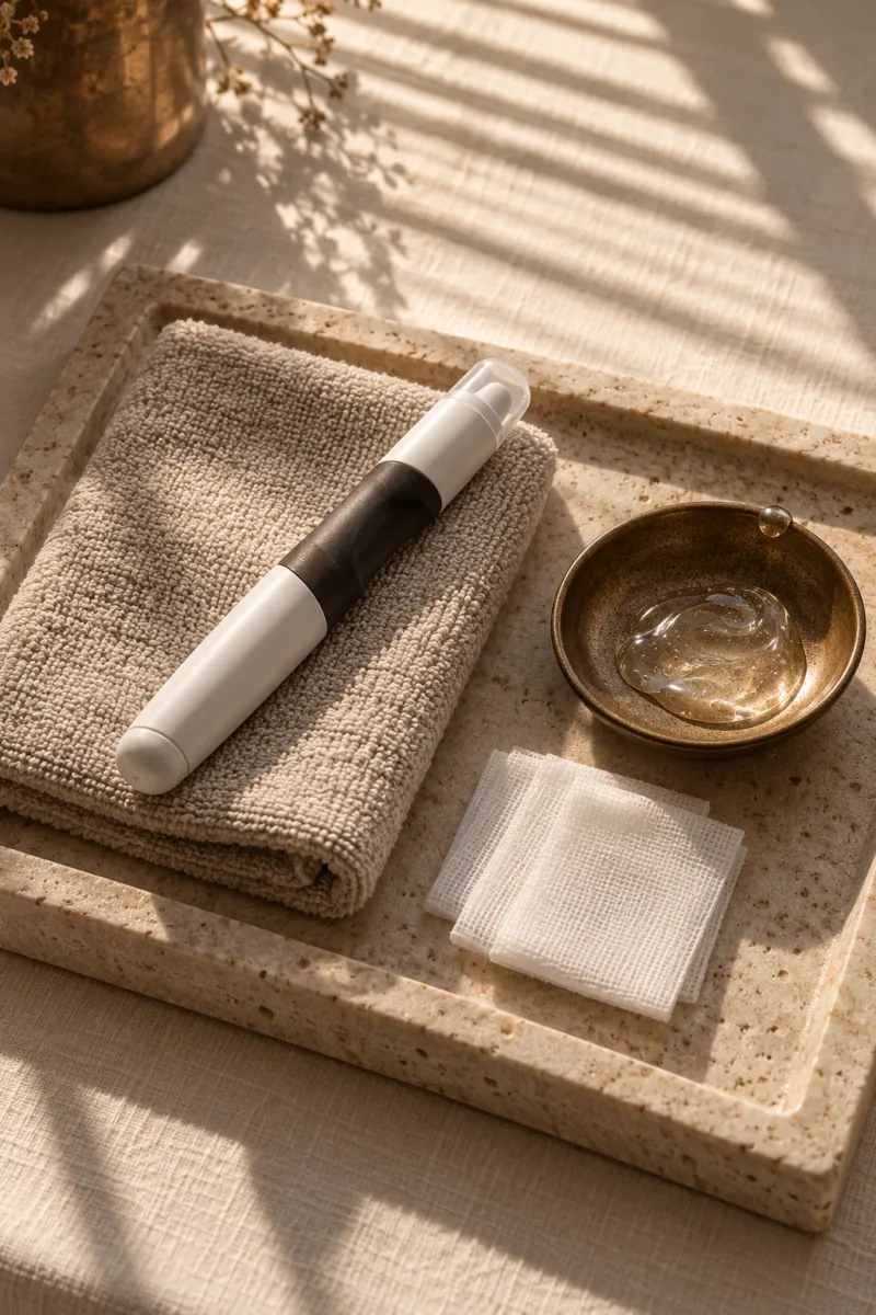 Editorial still life of a capped pen device, a gel dish, gauze and a towel on a stone tray.