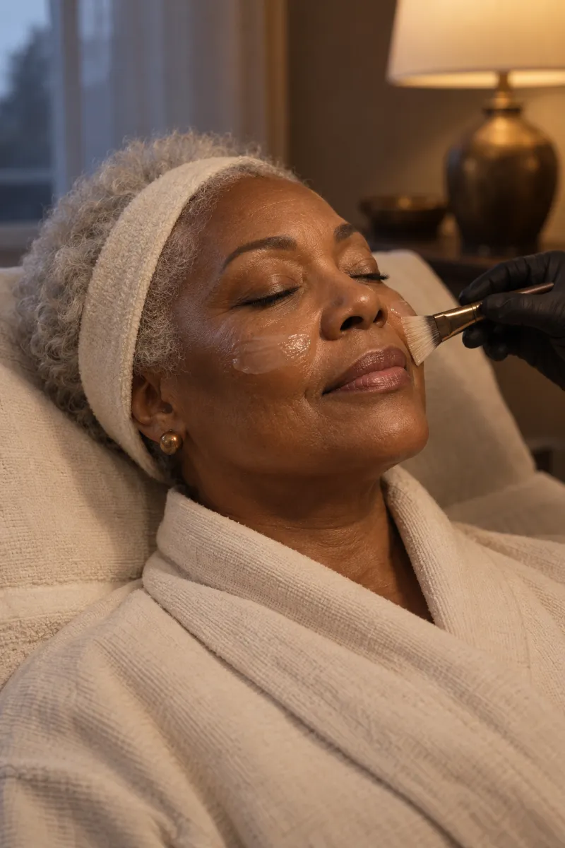 Editorial photo of a woman resting under a lamp while gel is brushed on her cheek.