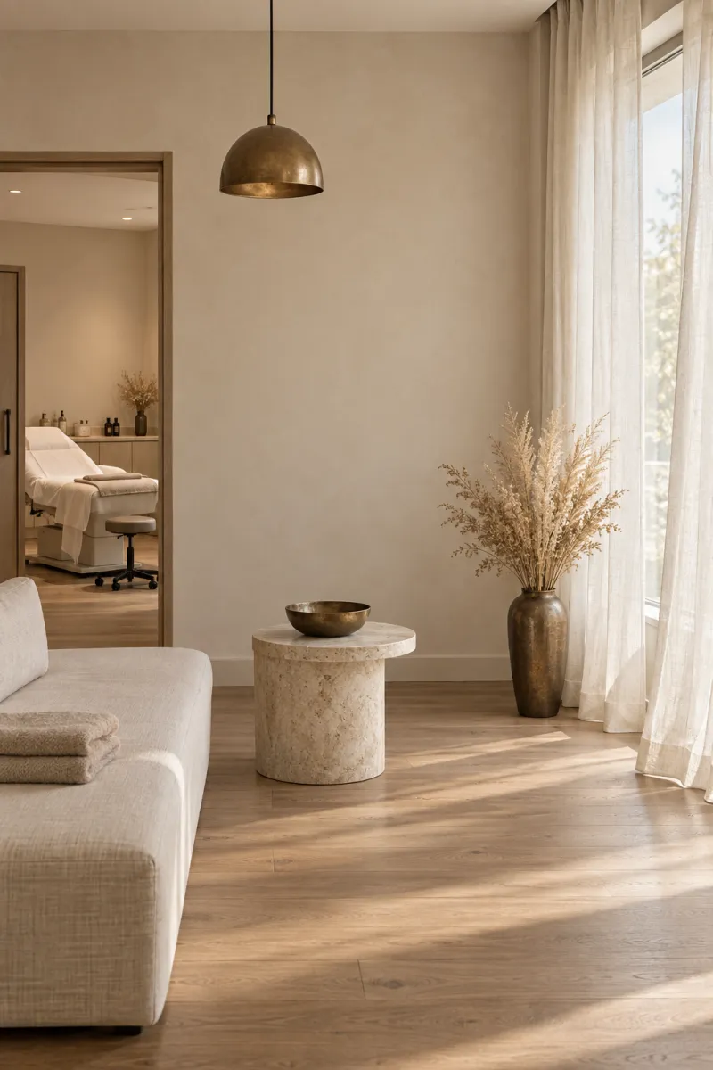 A quiet interior with a linen sofa, dried grasses and a bronze pendant light, with a treatment room beyond the open doorway.